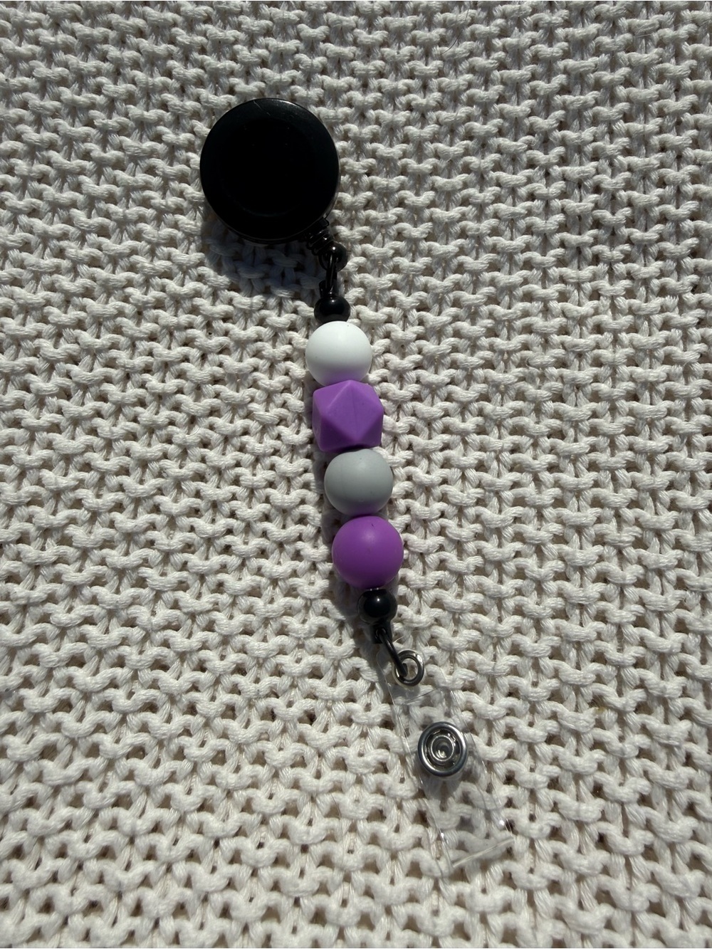Beaded Badge Reel with Purple, Gray & White Silicone Beads